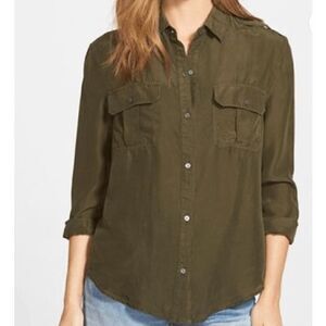 J Brand Edie Silk Button Front Blouse Olive Green Military Style Pockets Size XL